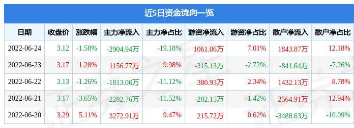 江苏阳光6月24日主力资金净卖出2904.94万元